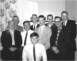 Austin Barr, far left, attending charter meeting of Mid-South Live Steamers at Bud Bartholomew's residence in Nashville on December 17, 1966. Harry Wade is the young man at front and center.