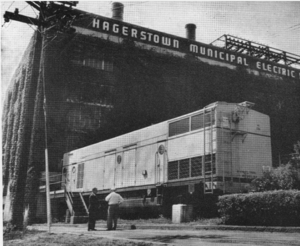 1000 KW M-16, pier mounted, unit in peak skimming operation for the municipality of Hagerstown, Maryland. This unit was delivered in June, 1956. A drought on the East Coast lowered the water supply so far that the base load turbine operation was endangered. The unit was available to assist for base load.