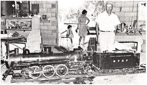 Host L. L. Yates and his Pacific which was back-shopped after a minor derailment which damaged the lead truck. The engine returned to the track before the end of the meet.