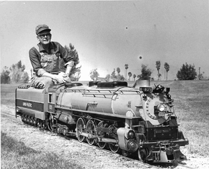 The late Chet Peterson and his 4-8-4 taken at Hunter Park circa 1971 by Ken Casford. Chet was one of the founders of Railroad Supply in the 1970’s. The 4-8-4 and tender were built between 1957 to 1963 with the locomotive first running in 1961. Chet sold the locomotive to Cliff Seimears and Clarence Talbot in 1988. Dean Willoughby purchased the engine from Cliff in 1997 and it now resides at the Riverside Live Steamers’ railroad in Hunter Park. Photo provided by Dean Willoughby, September 2013.