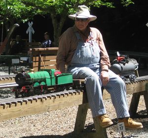 Gordon French at the throttle of his 3.5 inch gauge propane-fired Maisie, July 2011.