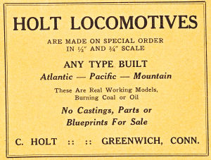 Calvert Holt advertisement in the March 1931 edition of The Modelmaker. Scan provided by Pat Fahey and Fred Jaggi of Waushakum Live Steamers.