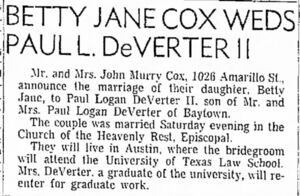 Announcement of Cox-DeVerter Wedding as appared in The Abilene Reporter News, 3 September 1957