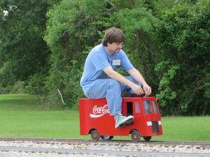 Michael Scherpenberg on his famous "Coke Truck" touring the Houston Area Live Steamers track. Photo by Rick White.