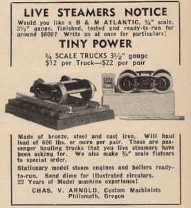 Advertisement for Charles Arnold's Tiny Power in The Model Craftsman, August 1946.