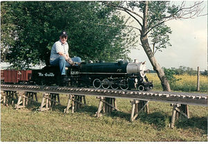 Jim Jackson running David Hannah III's Mikado over 125 foot bridge at the Browning Railroad