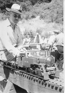 The late "Harry Dixon" with his 3/4-inch scale, 0-4-2 "Dixie Dee". This freelance loco was designed by Vic Shattock. More than one copy was built.