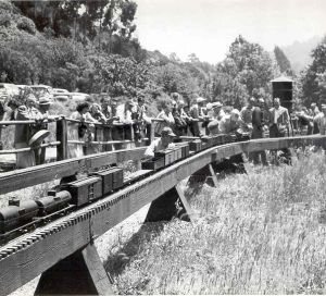 The attached photo shows Victor Shattock's 1/2-inch scale SP Freight Train in Live Steam, at the old Golden Gate Live Steamers track (1450-feet) in Redwood Regional Park, Oakland, CA. (circa-1952) When the club first moved into the Regional Park System, there was not too much activity going on for the public to enjoy. So as not to upset the Park authorities, my Victor started bringing additional equipment from his basement live steam layout to entertain the public and keep the park authorities happy. This train was professionally photographed in 16mm and shown to the Southern Pacific Board of Directors in San Francisco. They wanted to know where the "picture of the freight train was taken". They were told: "Up in the Park !" NO-- we mean the freight train!! UP in the Park!! The BOD had the film run again. That's how real it looked!
