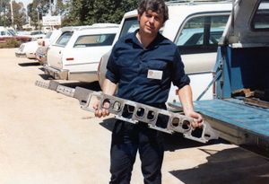 Jim Kreider holding one half of a Berkshire frame at the IBLS meet, Los Angeles Live Steamers, 1980. Photo by Dave Sclavi.