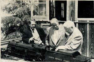 Left to right, Dave Rose, Les Friend and Dick Jackson examine Bob Day's 1 inch scale Hudson type J locomotive at Bob's home. From "The Miniature Locomotive", Nov-Dec 1952.