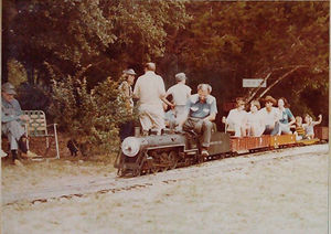 Clarence King pauses at the station on his Pacific at Henry Blossom's track at Wimberley, Texas.