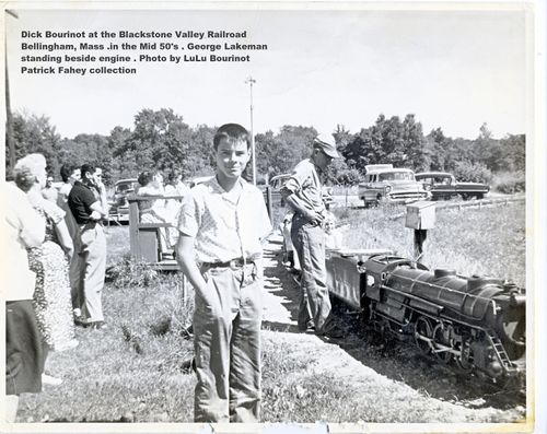 Dick Bourinot at The Blackstone Valley Railroad, Bellingham, Mass in the mind 1950's. George Lakeman is tanding beside the engine. Photo by LuLu Bourinot. From the Patrick Fahey collection.