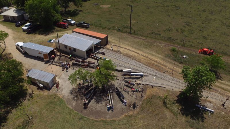 View of the Indian Gap yard and the steaming bays and transfer table of the Comanche and Indian Gap RR. The east end of the Houston East & West Texas RR (HEWT) also starts here at Indian Gap.