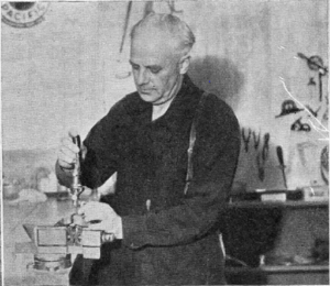 Martin Lewis in the Little Engines shop, 1940. From "The Model Craftsman", August 1940.