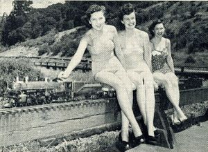 Victor Shattock's 2-1/2" gauge 4-6-2 P-4 Pacific hauling three bathing beauties for a movie take by Southern Pacific as part of an advertising stunt for a safety rally picnic. The movie, being shown to employees, has been well received.