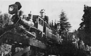 The electric-powered 2-4-0 locomotive rolls with its train across one of the Raccoon Gulch Lines trestles in Fairfax. Engineer this trip is Sellar Nugent, 13, of Ross, a model locomotive fan and helper to owner Gordon B. Adams. Passengers ride on the small gauge freight cars.