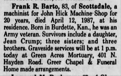 Frank Barto obituary, Arizona Republic, 14 April 1987.