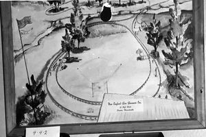 Closeup of a watercolor painting of the NELS track at Danvers, MA, 1950.