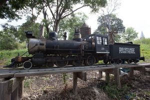 A steam-driven train runs through John Greiner’s property in Milam County. Greiner built about 1 1/2 mile of track around his land.