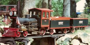 At his father's track in Boxford, this is Charlie Purinton's 4-2-0 freelance in 7-1/4 inch gauge. Its name is Seth. May 28, 1989. Photo by Bob Hornsby.
