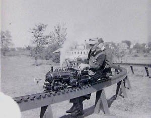 Art Wegner running Gene Stevens' 3-1/2 inch gauge 4-4-2T at NELS Danvers, MA, October 1939.