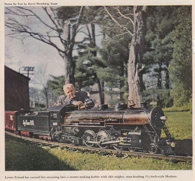 Lester Friend with his 1.5 inch scale Hudson at Topsfield Fair. From "True", May 1951.