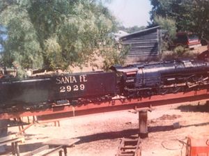 Jim Robison built this 4-8-4 in 1.5 inch scale. It is shown here on the old hydraulic turntable of the Comanche & Indian Gap RR. Vance Nickerson said the locomotive was powered by a gas engine and compressor setup. Photo by Frank Pickard. Posted on Facebook, 20180509.