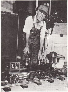 Paul Torn, Sr, with his unfinished 4-6-0 at the Second Annual Texas Live Steam meet, Falfurrias, Texas, September 1970. Photo by Carol Dryden. From Live Steam Magazine, January 1971.