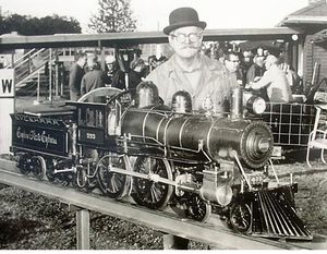 Marty Knox wrote: That's Fred Bohn with his 1 1/2" scale 7 1/4" gauge NYC 999 at the Brotherhood meet in 1972. This was hosted by the Pioneer Valley Live Steamers in Southwick, Massachusetts. Derbies or Bowlers were common headgear worn by locomotive engineers in this country in the 1890's.