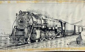 Boston & Maine 4117 4-8-2 “Hercules” (Builder: Baldwin 1941), original pen and ink drawing and is signed by the artist, Alan Armitage, lower right. Measurements: 9 1/4” x 18”. From ebay.com, November 2020.