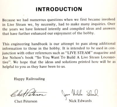 Chet Peterson and Nick Edwards signatures in the introduction of "Engineering Handbook for Recreational Railroaders".