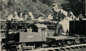 Gordon Corwin's Anny, a copy of Carl Purinton's Granny loco. Gordon is seen in background aboard his 3/4 inch 4-8-4. GGLS Labor Day Meet 1953. Photo by L.M. McKenney.