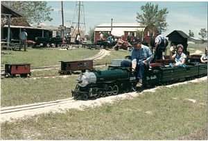 Jim Jackson operating David Hannah III's Railroad Supply Mikado. The railroad was oned by John Enders, Manor, Texas. Photo by David Hannah III.