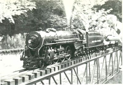 Norman Mottshaw's NYC J-1B (Josslin) Hudson locomotive at TSME Acres (Toronto Society of Model Engineers), circa 1950's.