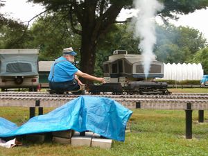 Keith Taylor running Herb and Joe Hild's ¾” scale Coventry B&O President's Class Pacific at the Pioneer Valley Live Steamers 60th meet, August 2012.