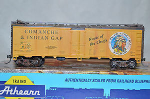 An Athearn HO Boxcar decorated in Comanche and Indian Gap colors.