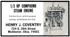 Henry J. Coventry advertisement for 1/3 HP Compound Steam Engine, Live Steam Magazine, April 1972.