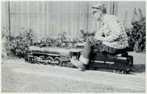 Ollie Johnston at the throttle of his 1 inch scale Pacific at his home track the La Canada Valley R.R. From "The North American Live Steamer", January 1956.
