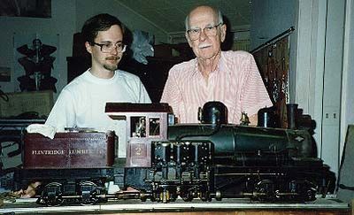 He also has two miniature steam locomotives (pictures below taken on an earlier trip in 1989). One is a Shay-type engine, which is interesting because the pistons are vertical, rotating a drive shaft that powers all the wheels.