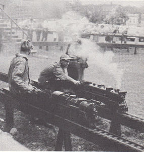 Dr. George Youngdahl on a Reithmaier-built engine steaming side by side with W. Roberts driving Roland Martin's 4-8-4.