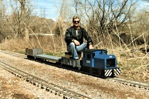 Ken Scheer with his Colorado Intermountain Railway #288 at Colorado Live Steamers, April 1988.