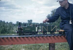 Bill Treadway's "Ginny" 0-4-0 on three-quarter inch scale high-line. Unknown location and engineer. From eBay.com, August 2020. Seller stated the slide was from the 1950s.