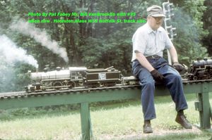 Bill Van Brocklin riding his brand new Locomotive No 33, June 4th, 1989, at the Norfolk Street track, Hollister, Mass. Photo by Pat Fahey.