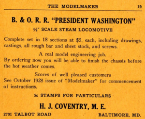 Advertisement by H.J. Coventry for his B&O RR President Washington in 1/2 inch scale as it appeared in The Modelmaker magazine, January 1930.