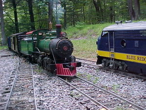 "New Meets Old" Taken in August 2003, on my Blue Ridge Railroad. The steam locomotive is a visiting 2-6-0, painted in ET&WNC colors and the diesel unit is my Blue Ridge Summit diesel, which I "scratch built" in 1999. Photo by Wilfred C. "Bill" Koster