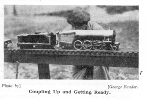 L.B.S.C. coupling up his "Norbury Light" Pacific in 2-1/2" gauge at Calvert Holt's home track. Photo by George Bender, from "The Model Engineer". Thanks to John Baguley.