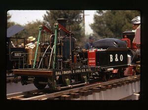 Baltimore and Ohio "grasshopper" locomotive, unknown builder, unknown location, unknown scale. From eBay.com, August 2020. Seller stated that the slide was stamped June 1970.