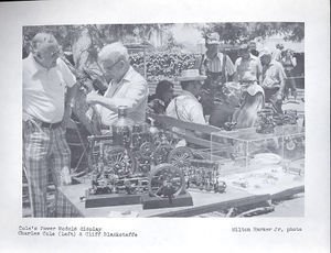 Coles Power Models display at Los Angeles Live Steamers during the 1975 BLS meet. Charles Cole, son of founder Charles A. Cole, chats with Cliff Blackstaffe.