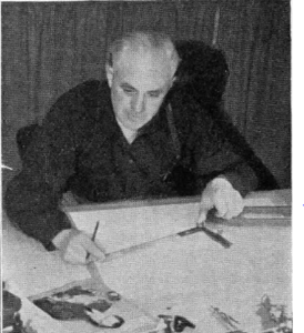 Martin Lewis drafting a new article at the Little Engines office, 1940. From "The Model Craftsman", August 1940.