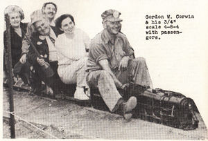 Gordon W. Corwin and his 3/4 inch scale 4-8-4 with passengers.